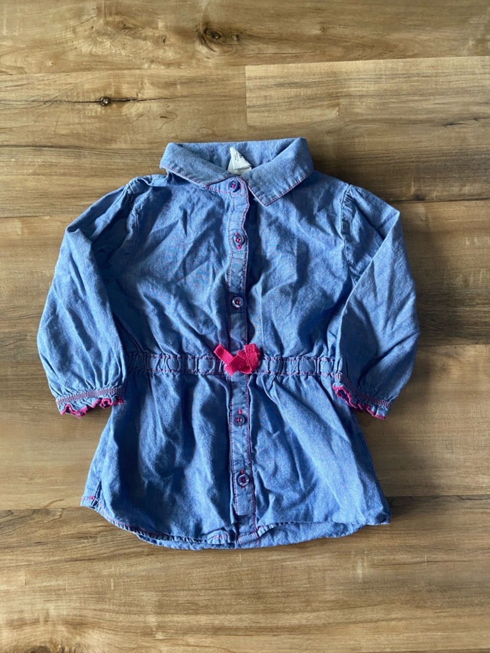 $2 - Girls Blue Denim-Look Top Button Front Dress with Pink Accent